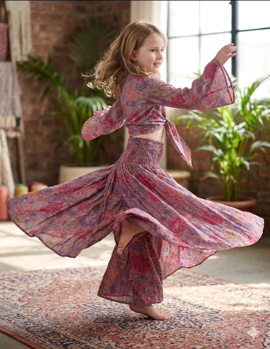 Baby Girls Spring Onion Floral Printed Tie-Front Crop Top & Flared Palazzo Pant Co-ord Set