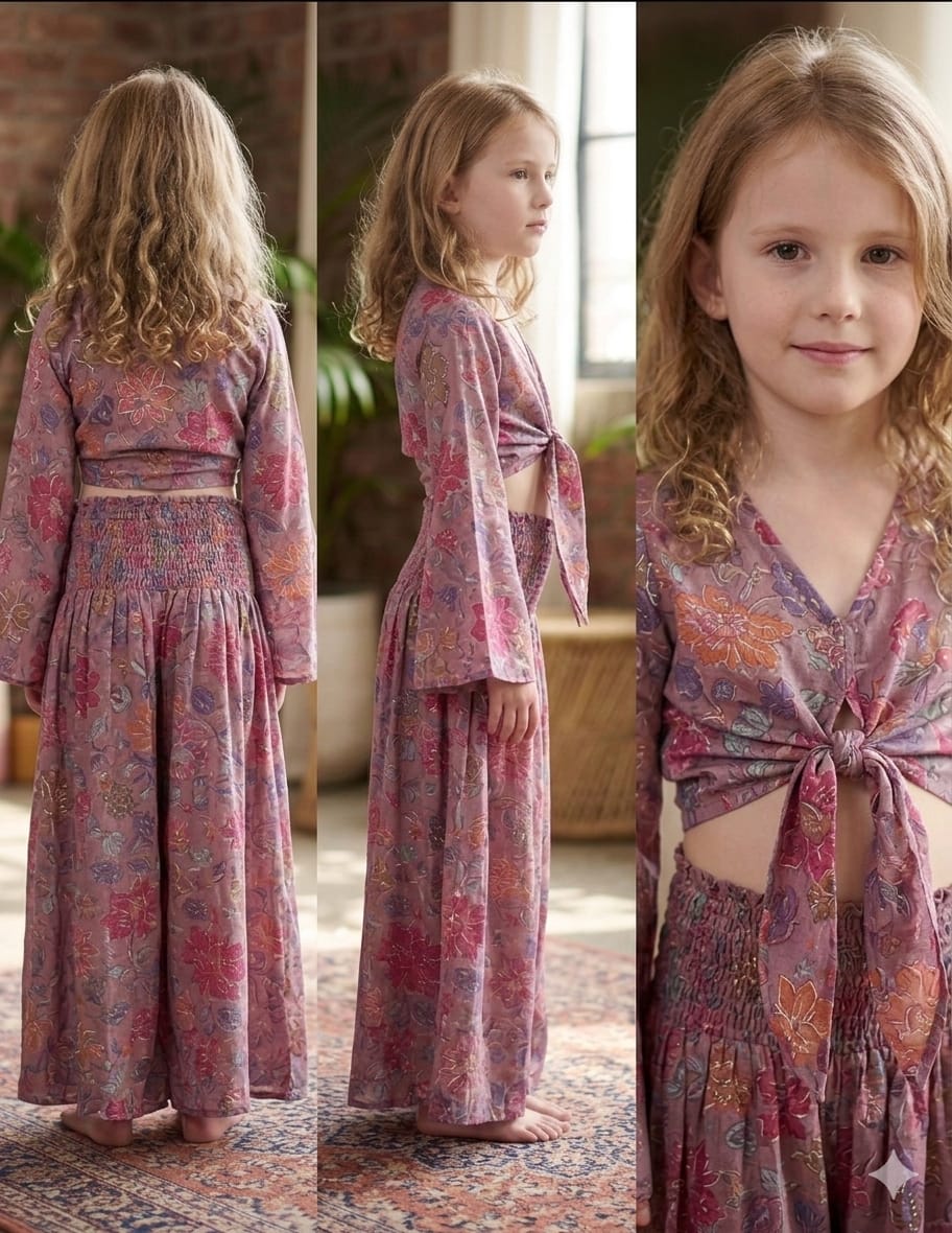 Baby Girls Spring Onion Floral Printed Tie-Front Crop Top & Flared Palazzo Pant Co-ord Set