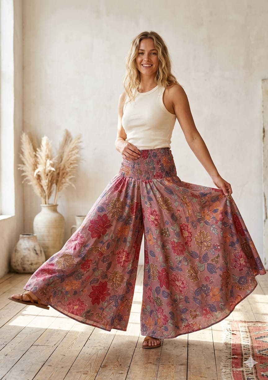 Elegant Spring Onion Floral Printed Cotton Flared Palazzo Pants with Smocked Waist