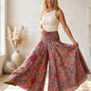 Elegant Spring Onion Floral Printed Cotton Flared Palazzo Pants with Smocked Waist