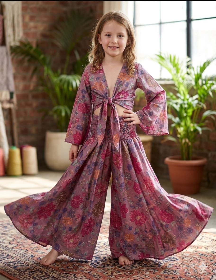 Mom & Me Spring Onion Floral Printed Cotton Tie-Front Crop Top & Flared Palazzo Pant Co-ord Set