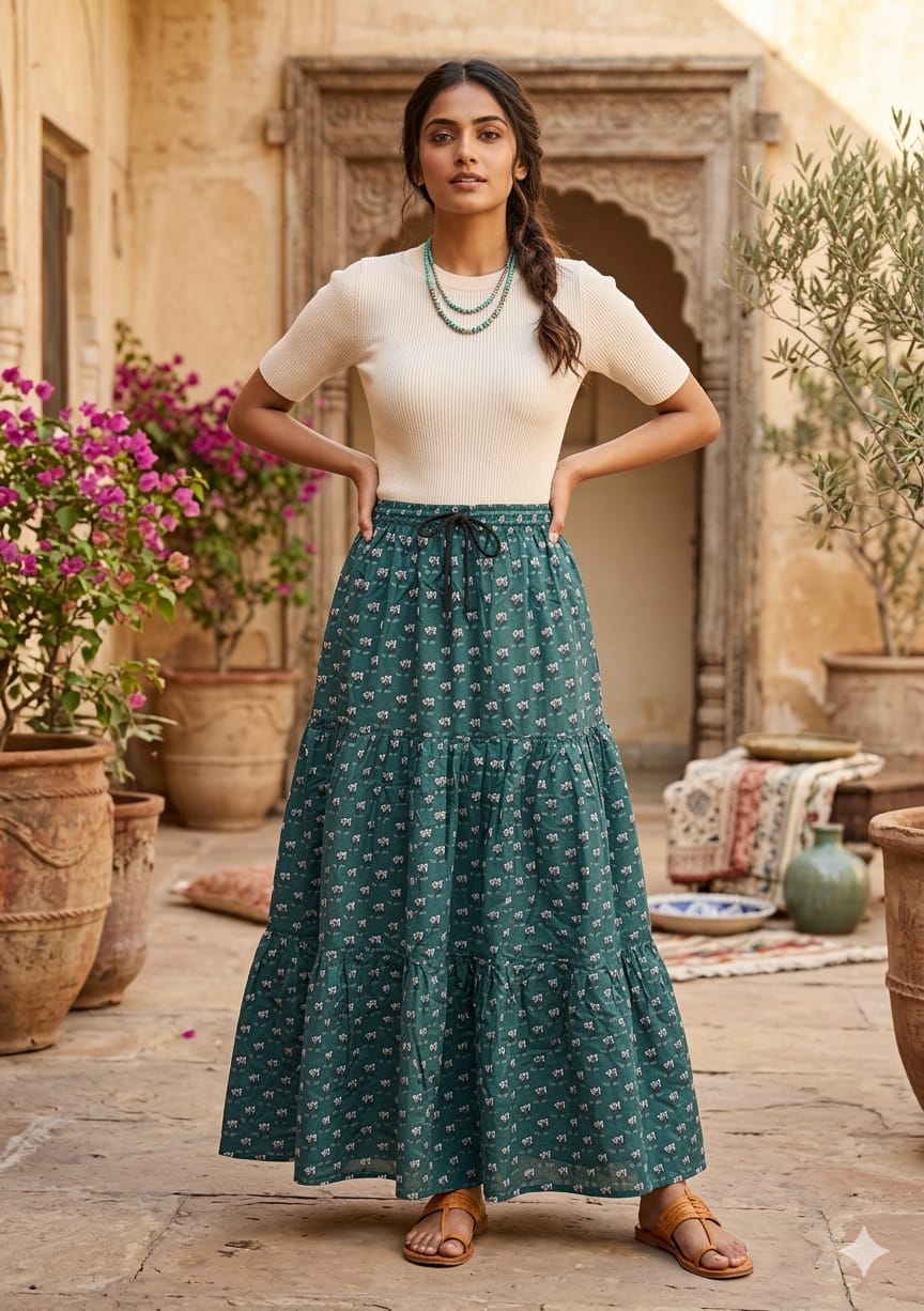 Women’s Teal Blue Boho Printed Cotton Tiered Skirt