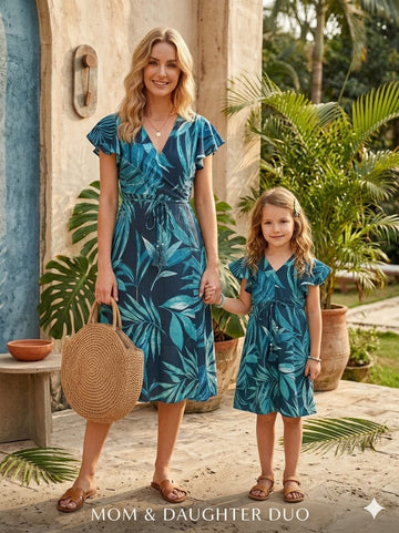 Mom & Me Teal Blue Leaf Printed Cotton Umbrella Style A-Line Dress with Drawstring Waist