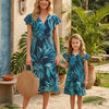 Mom & Me Teal Blue Leaf Printed Cotton Umbrella Style A-Line Dress with Drawstring Waist
