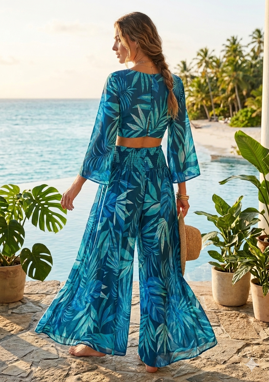 Deep Teal Tropical Leaf Co-Ord Set with Tie-Up Crop Top & Flared Palazzo