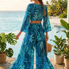 Deep Teal Tropical Leaf Co-Ord Set with Tie-Up Crop Top & Flared Palazzo