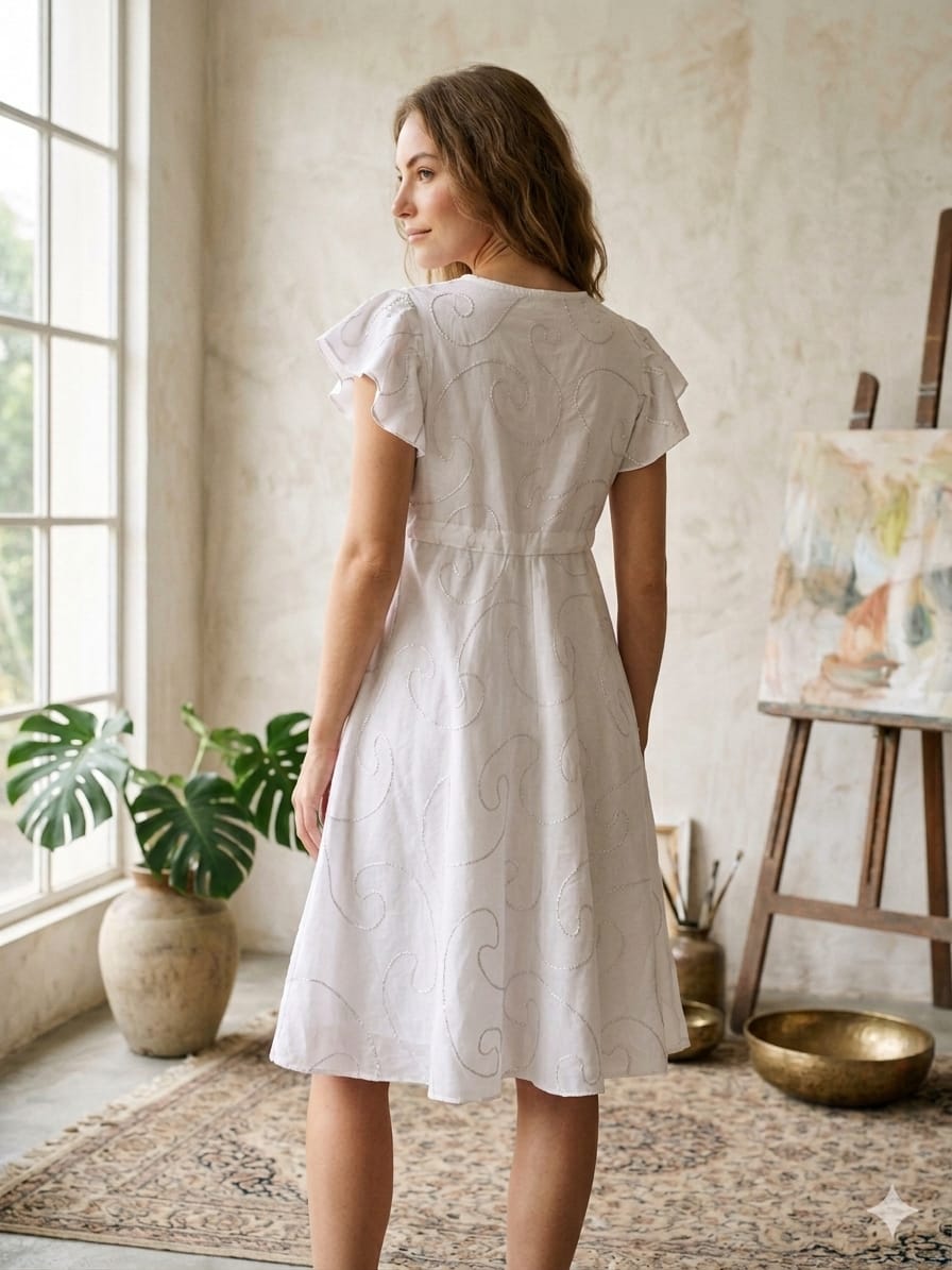 Women’s White Rayon Umbrella Style A-Line Dress with Drawstring Waist