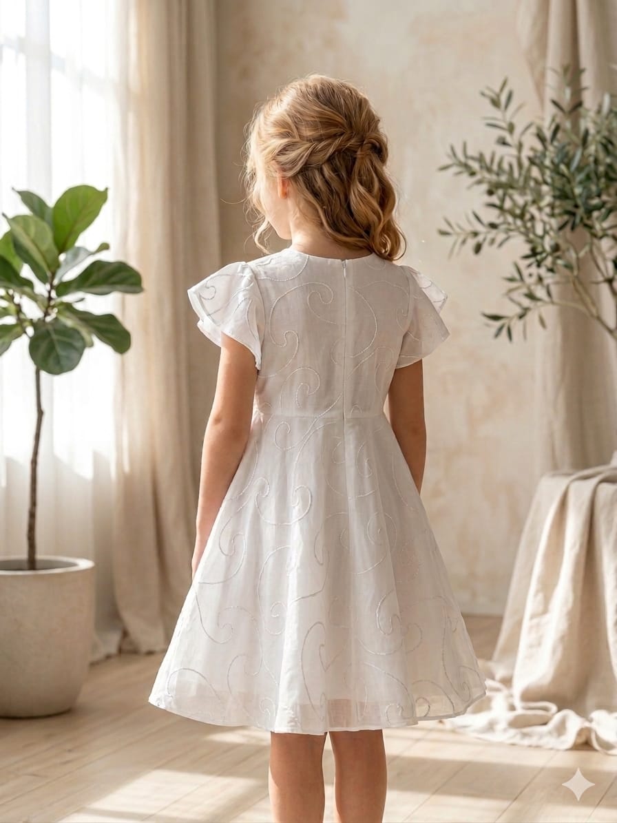 Baby Girls White Rayon Umbrella Style A-Line Dress with Drawstring Waist