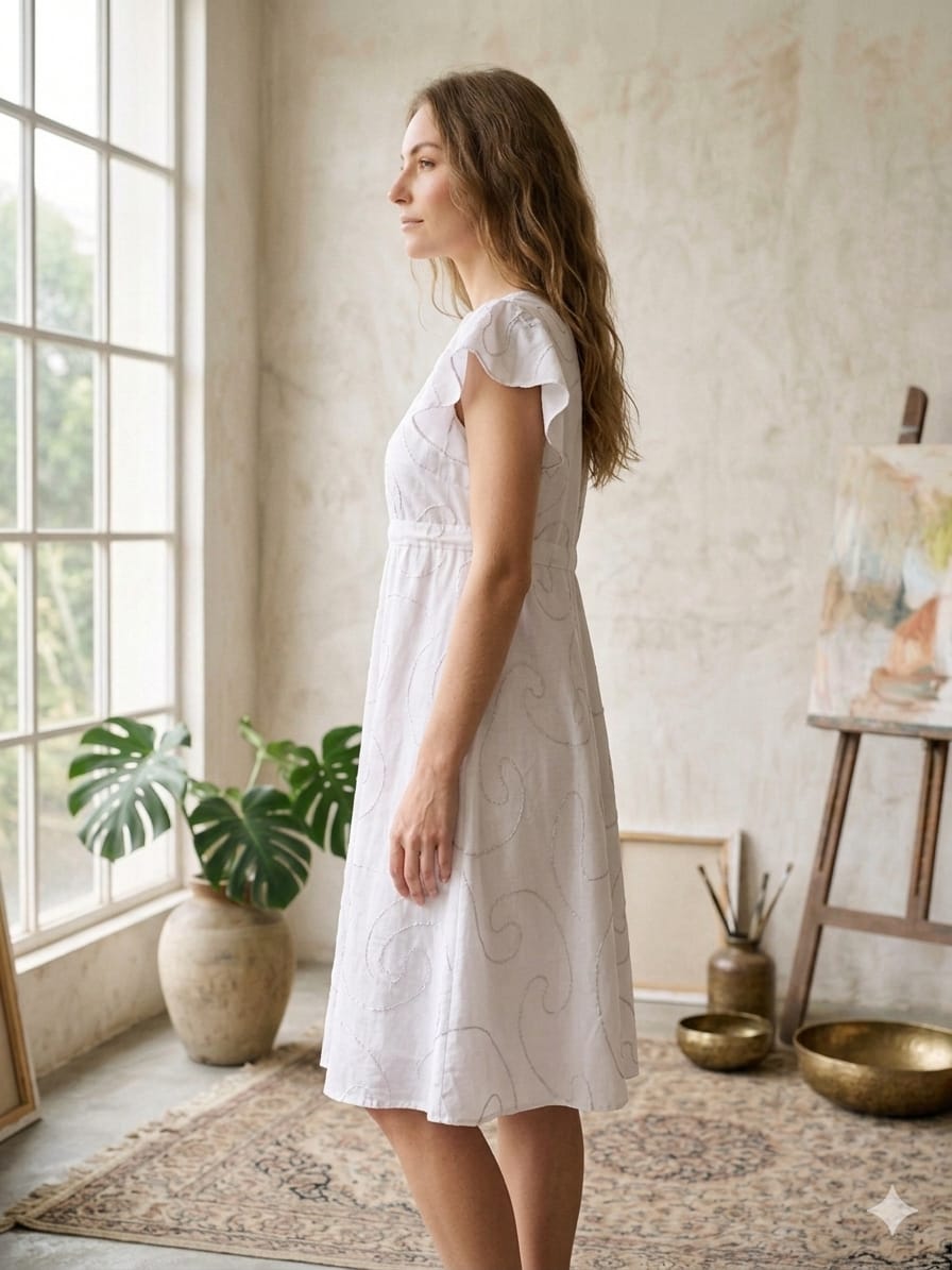 Women’s White Rayon Umbrella Style A-Line Dress with Drawstring Waist