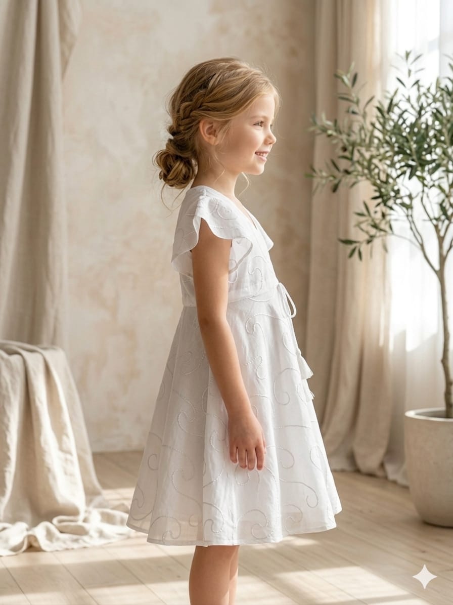 Baby Girls White Rayon Umbrella Style A-Line Dress with Drawstring Waist