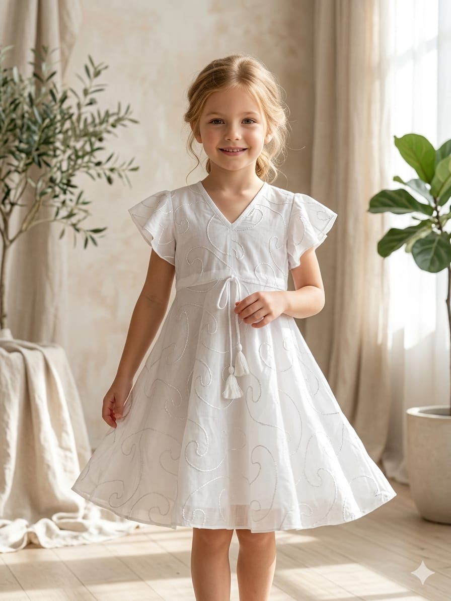 Baby Girls White Rayon Umbrella Style A-Line Dress with Drawstring Waist