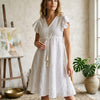 Women’s White Rayon Umbrella Style A-Line Dress with Drawstring Waist