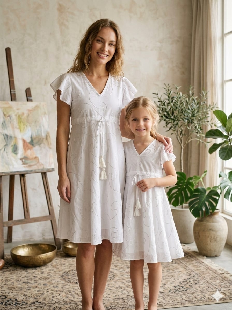 Mom & Me White Rayon Umbrella Style A-Line Dress with Drawstring Waist