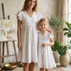Mom & Me White Rayon Umbrella Style A-Line Dress with Drawstring Waist