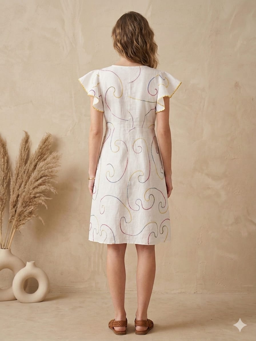 Women’s White Chanderi Embroidery Umbrella Style A-Line Dress with Flutter Sleeves