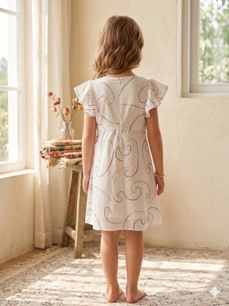 Baby Girls White Chanderi Embroidery Umbrella Style A-Line Dress with Flutter Sleeves