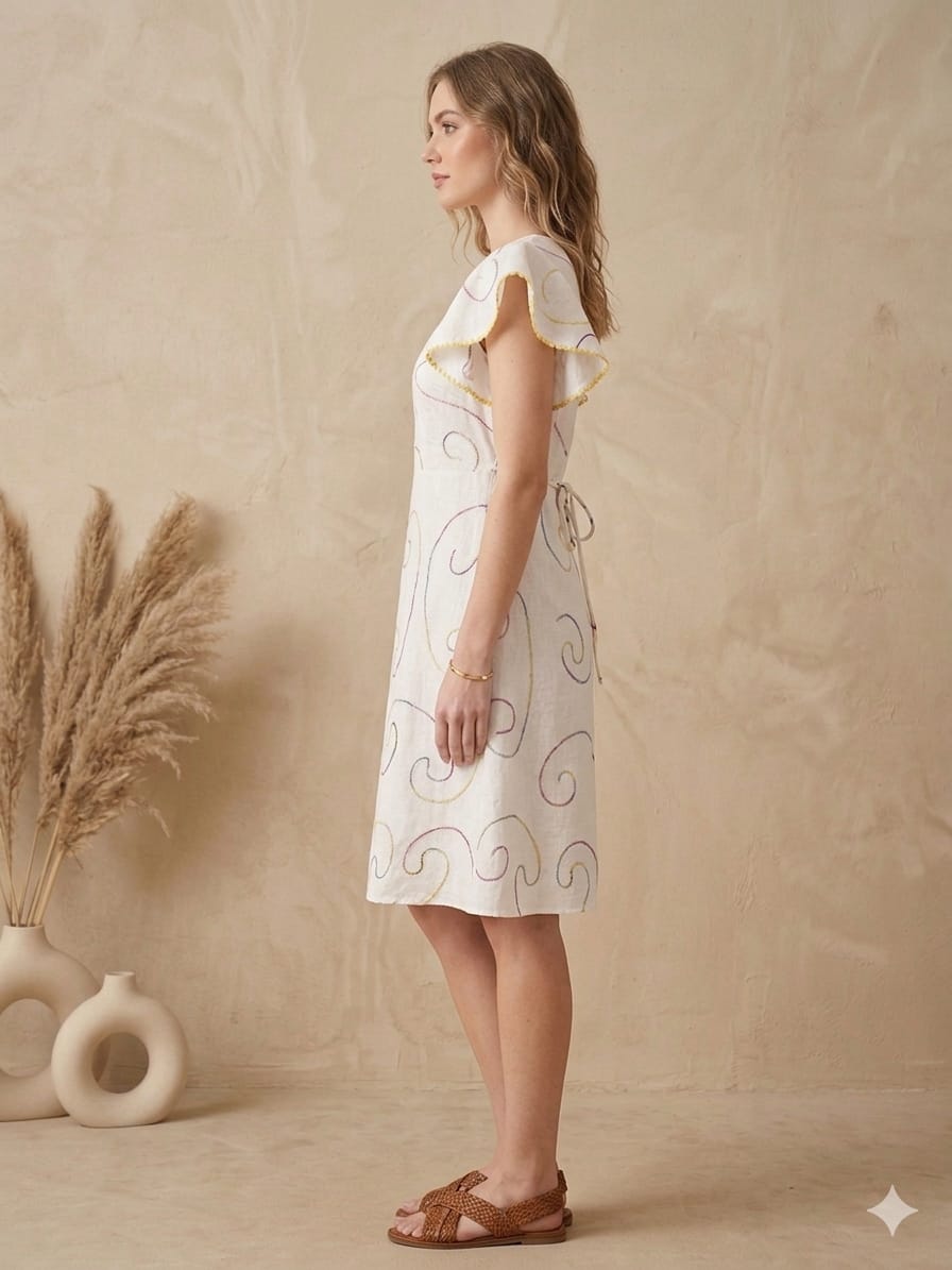 Women’s White Chanderi Embroidery Umbrella Style A-Line Dress with Flutter Sleeves