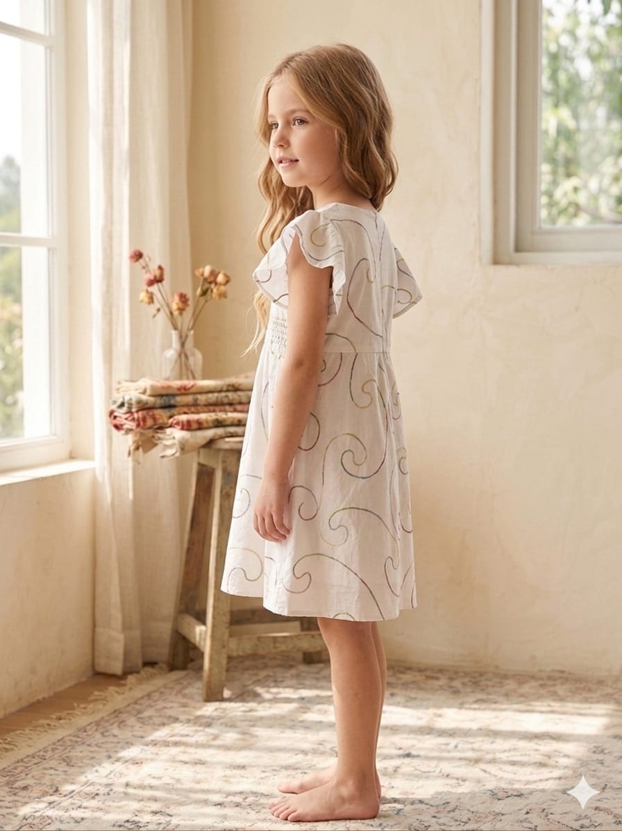 Baby Girls White Chanderi Embroidery Umbrella Style A-Line Dress with Flutter Sleeves