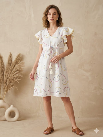 Women’s White Chanderi Embroidery Umbrella Style A-Line Dress with Flutter Sleeves