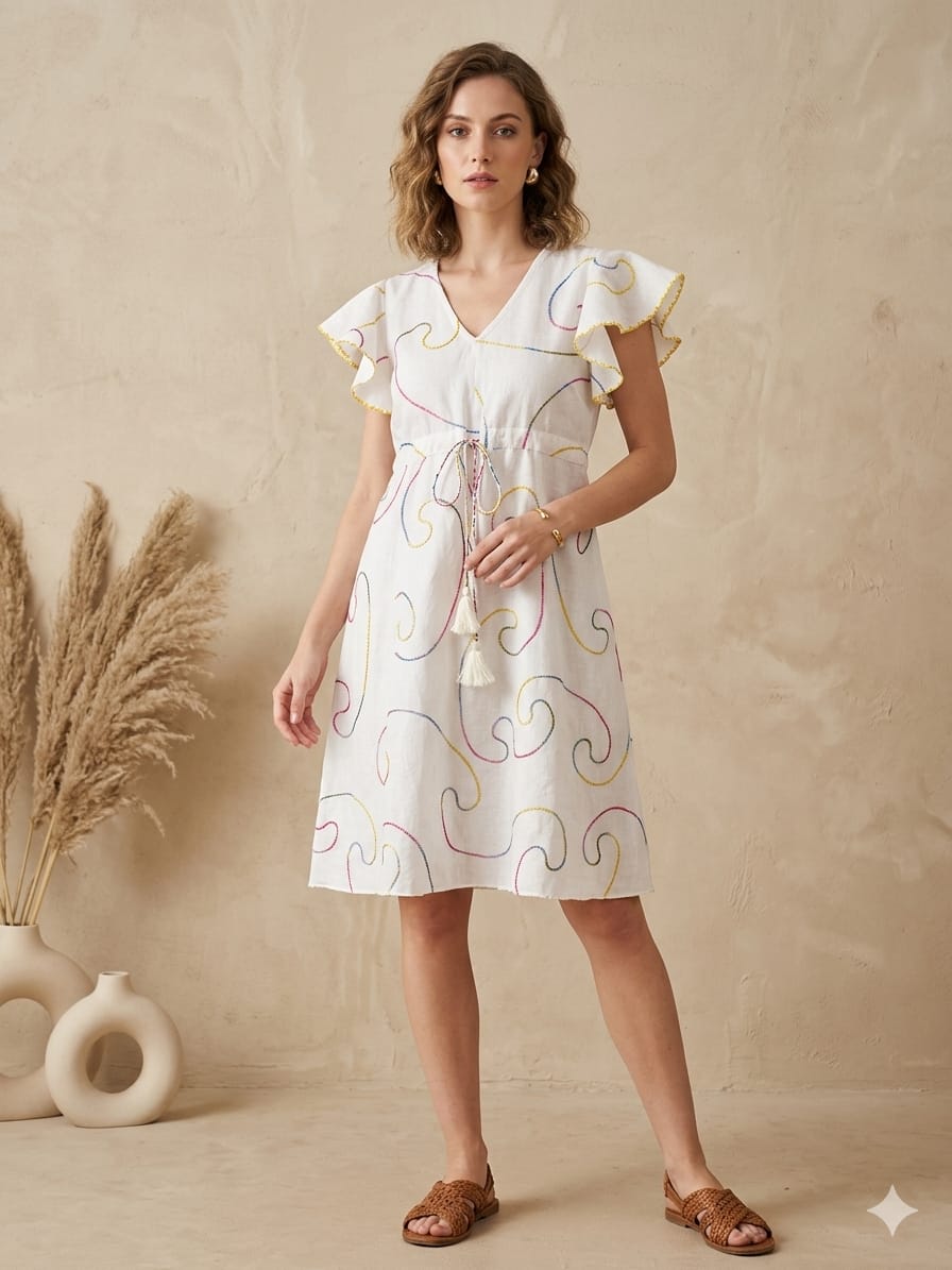Women’s White Chanderi Embroidery Umbrella Style A-Line Dress with Flutter Sleeves