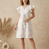 Women’s White Chanderi Embroidery Umbrella Style A-Line Dress with Flutter Sleeves