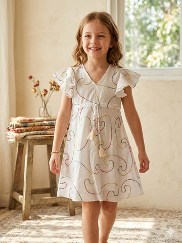 Baby Girls White Chanderi Embroidery Umbrella Style A-Line Dress with Flutter Sleeves