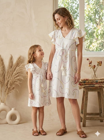 Mom & Me White Chanderi Embroidery Umbrella Style A-Line Dress with Drawstring Waist