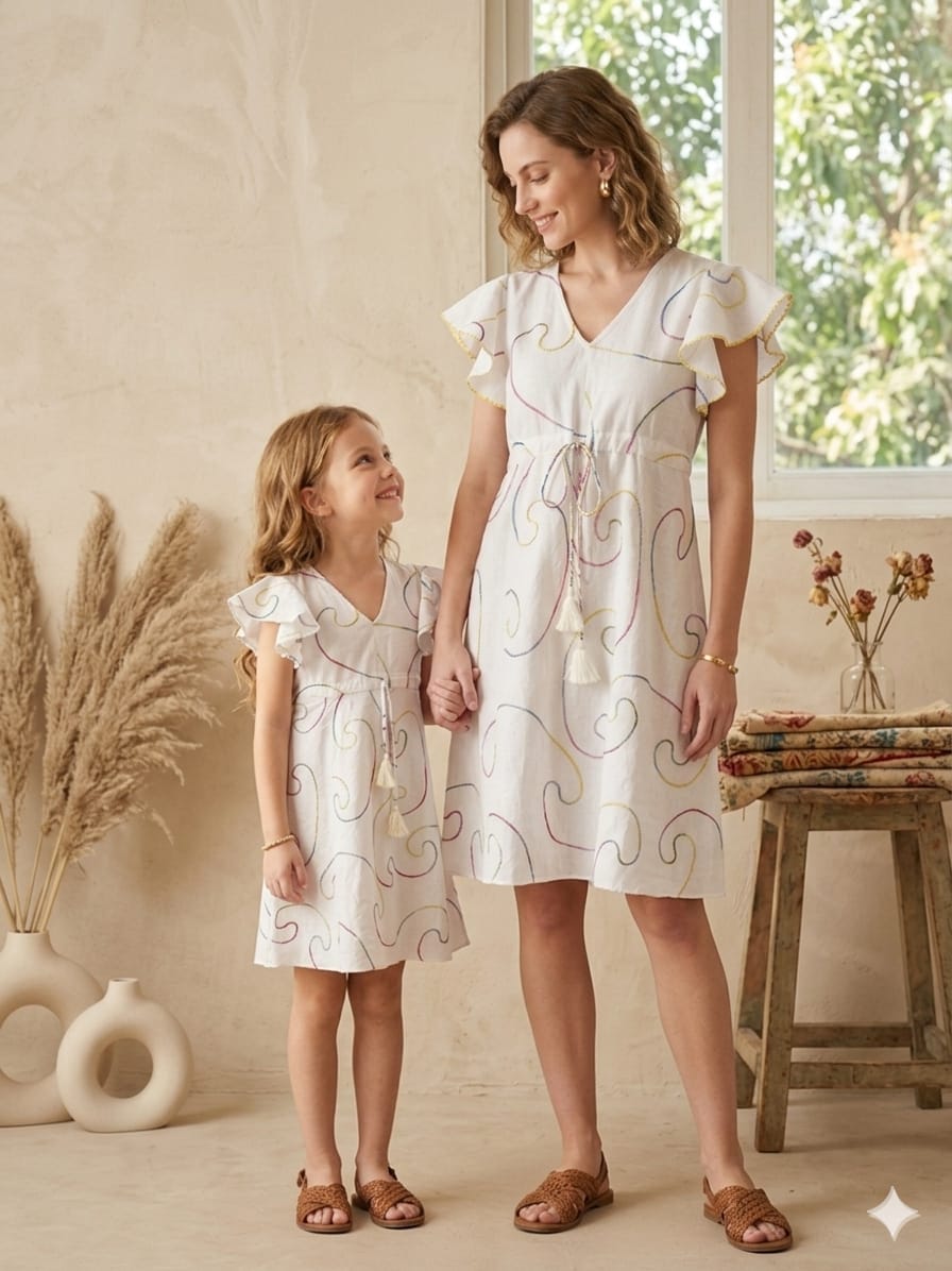 Mom & Me White Chanderi Embroidery Umbrella Style A-Line Dress with Drawstring Waist