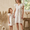 Mom & Me White Chanderi Embroidery Umbrella Style A-Line Dress with Drawstring Waist