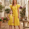 Mom & Me Yellow ZigZag Printed Chanderi Umbrella Style A-Line Dress with Drawstring Waist