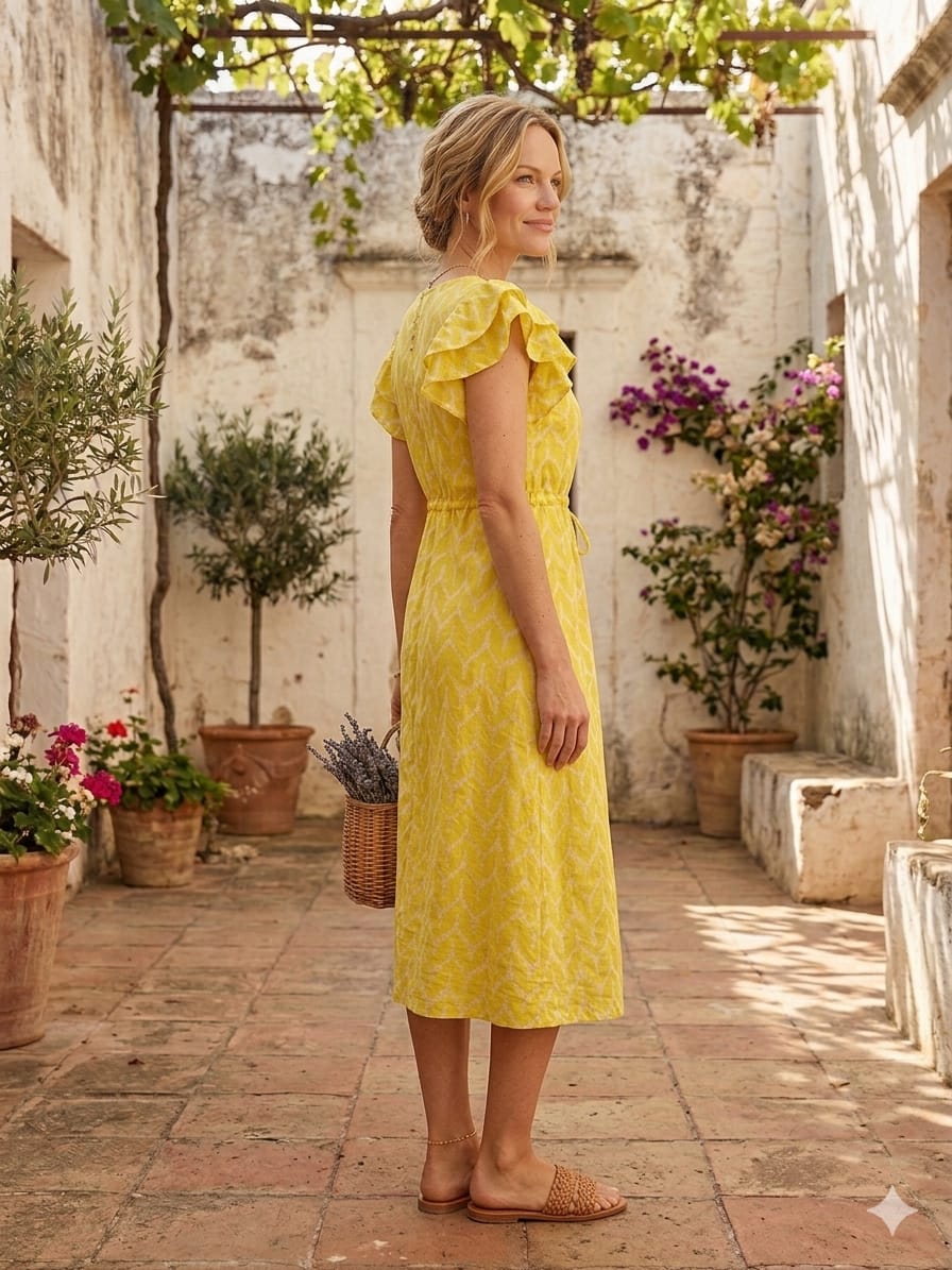 Mom & Me Yellow ZigZag Printed Chanderi Umbrella Style A-Line Dress with Drawstring Waist