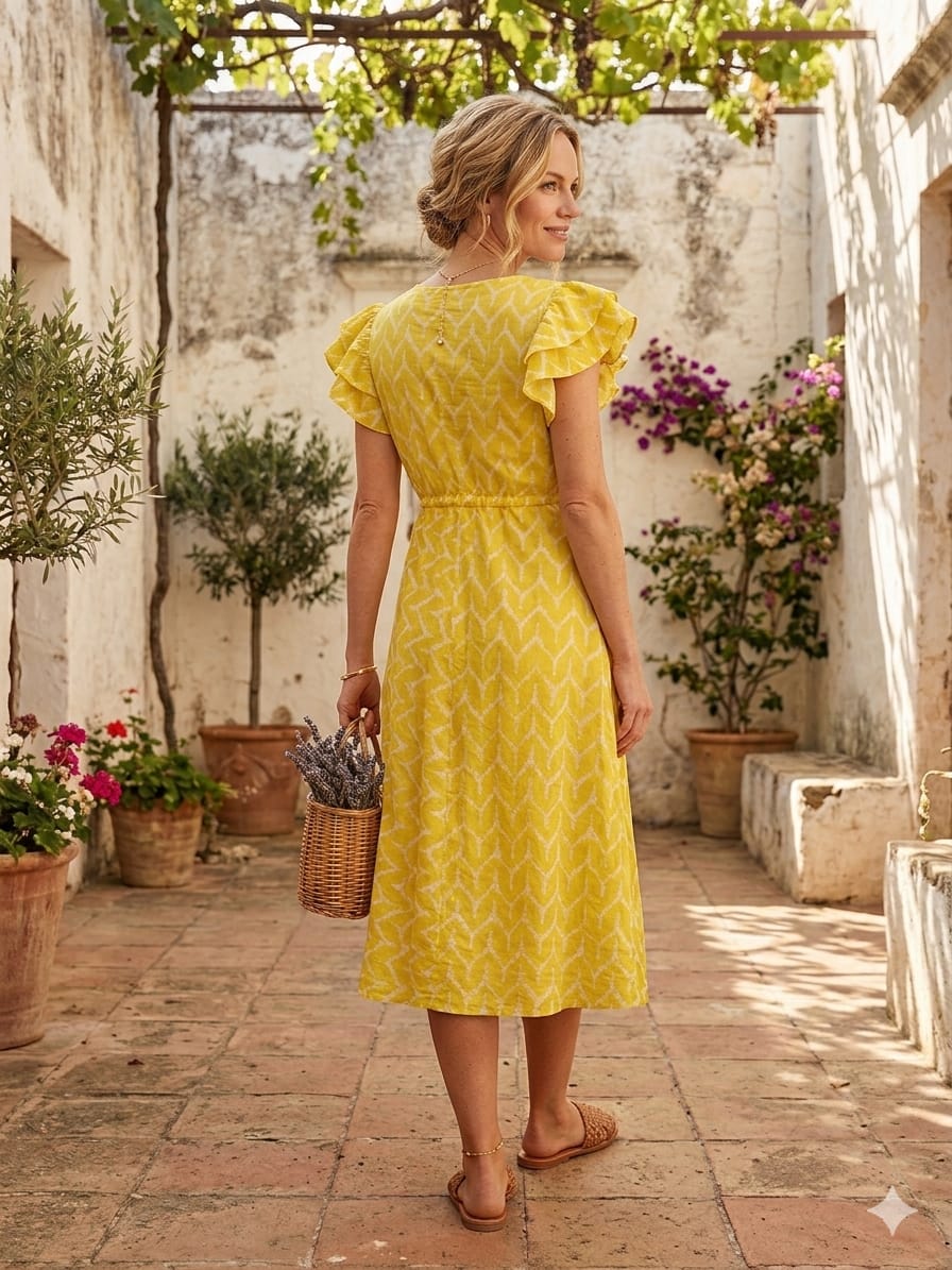 Mom & Me Yellow ZigZag Printed Chanderi Umbrella Style A-Line Dress with Drawstring Waist