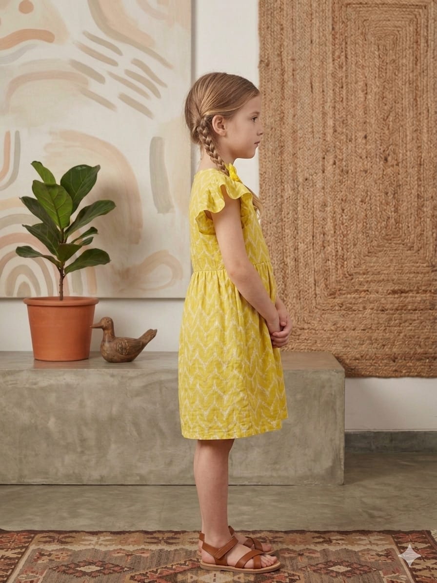 Mom & Me Yellow ZigZag Printed Chanderi Umbrella Style A-Line Dress with Drawstring Waist