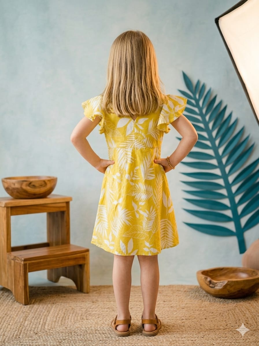 Baby Girls Yellow Floral Printed Chanderi Umbrella Style A-Line Dress with Flutter Sleeves