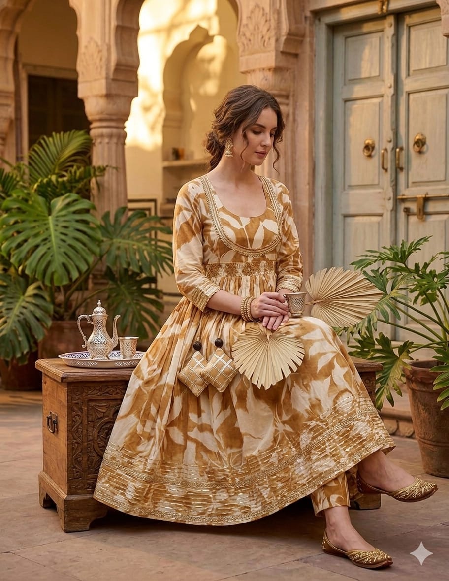Women’s Yellow Leaf Print Cotton Anarkali Kurta Set