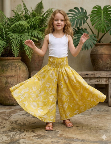 Baby Girl Yellow Leaf Printed Chanderi Flared Palazzo Pants with Smocked Waist