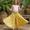 Baby Girl Yellow Leaf Printed Chanderi Flared Palazzo Pants with Smocked Waist
