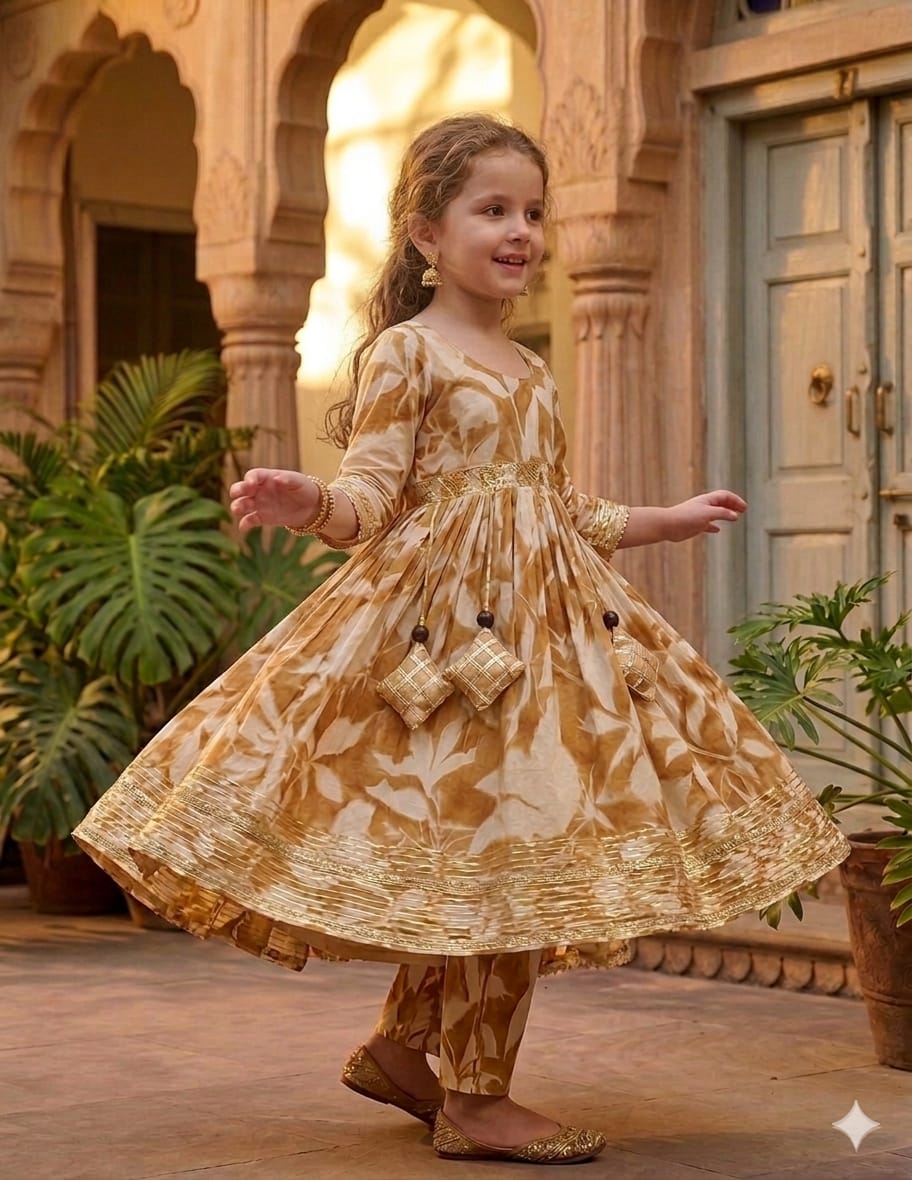 Baby Girl Yellow Leaf Print Cotton Anarkali Kurta Set