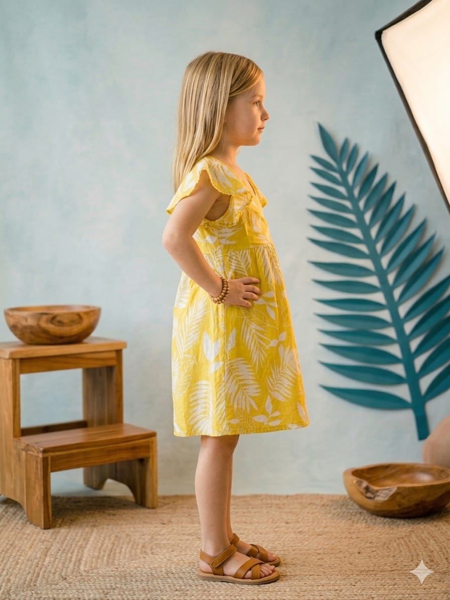 Mom & Me Yellow Floral Printed Chanderi Umbrella Style A-Line Dress with Drawstring Waist