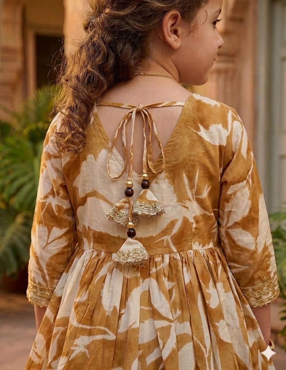 Baby Girl Yellow Leaf Print Cotton Anarkali Kurta Set