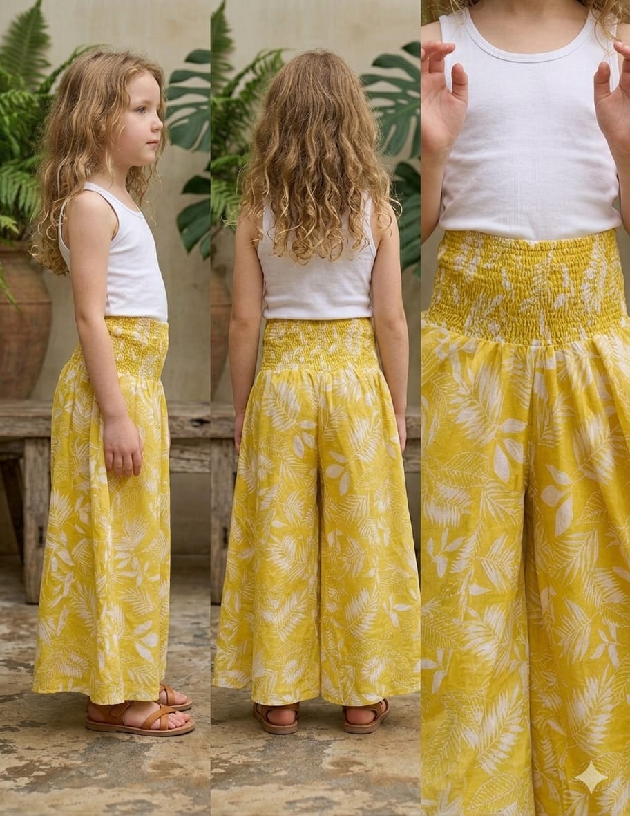 Baby Girl Yellow Leaf Printed Chanderi Flared Palazzo Pants with Smocked Waist