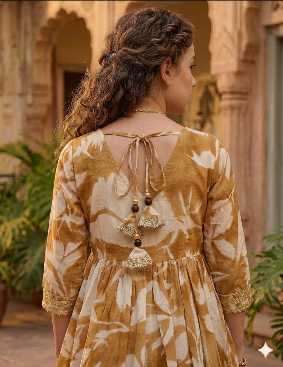 Women’s Yellow Leaf Print Cotton Anarkali Kurta Set