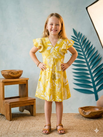 Baby Girls Yellow Floral Printed Chanderi Umbrella Style A-Line Dress with Flutter Sleeves