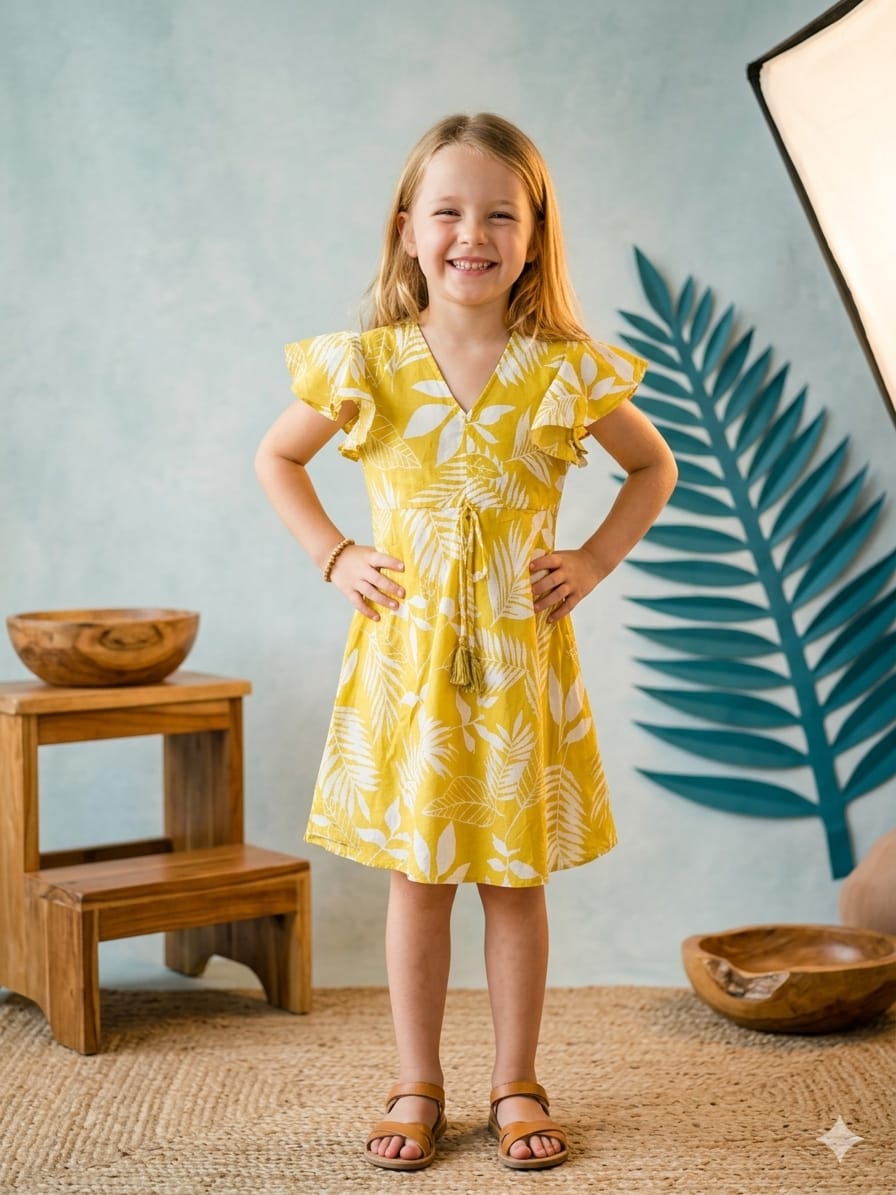 Mom & Me Yellow Floral Printed Chanderi Umbrella Style A-Line Dress with Drawstring Waist