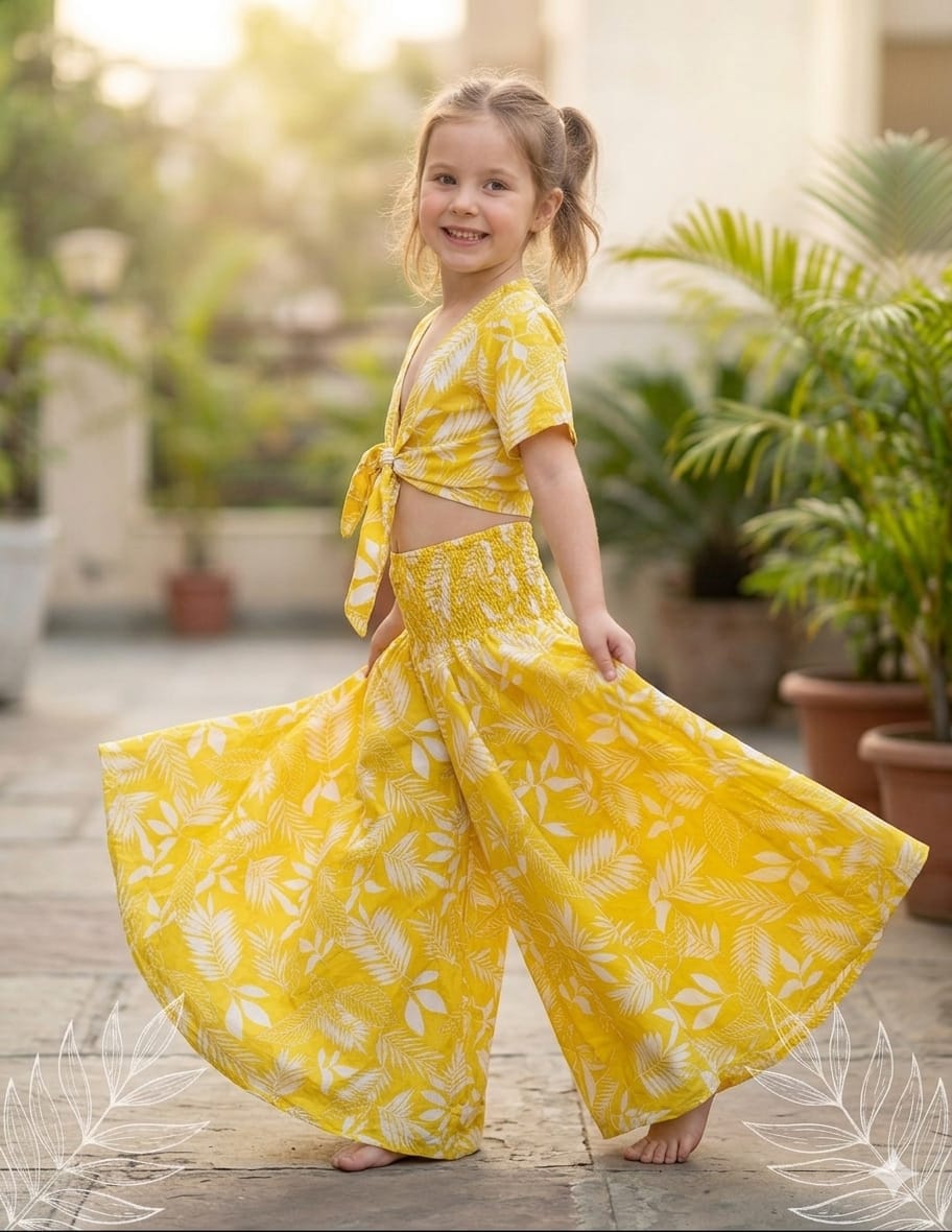 Baby Girls Yellow Leaf Printed Chanderi Tie-Front Crop Top & Flared Palazzo Pant Co-ord Set