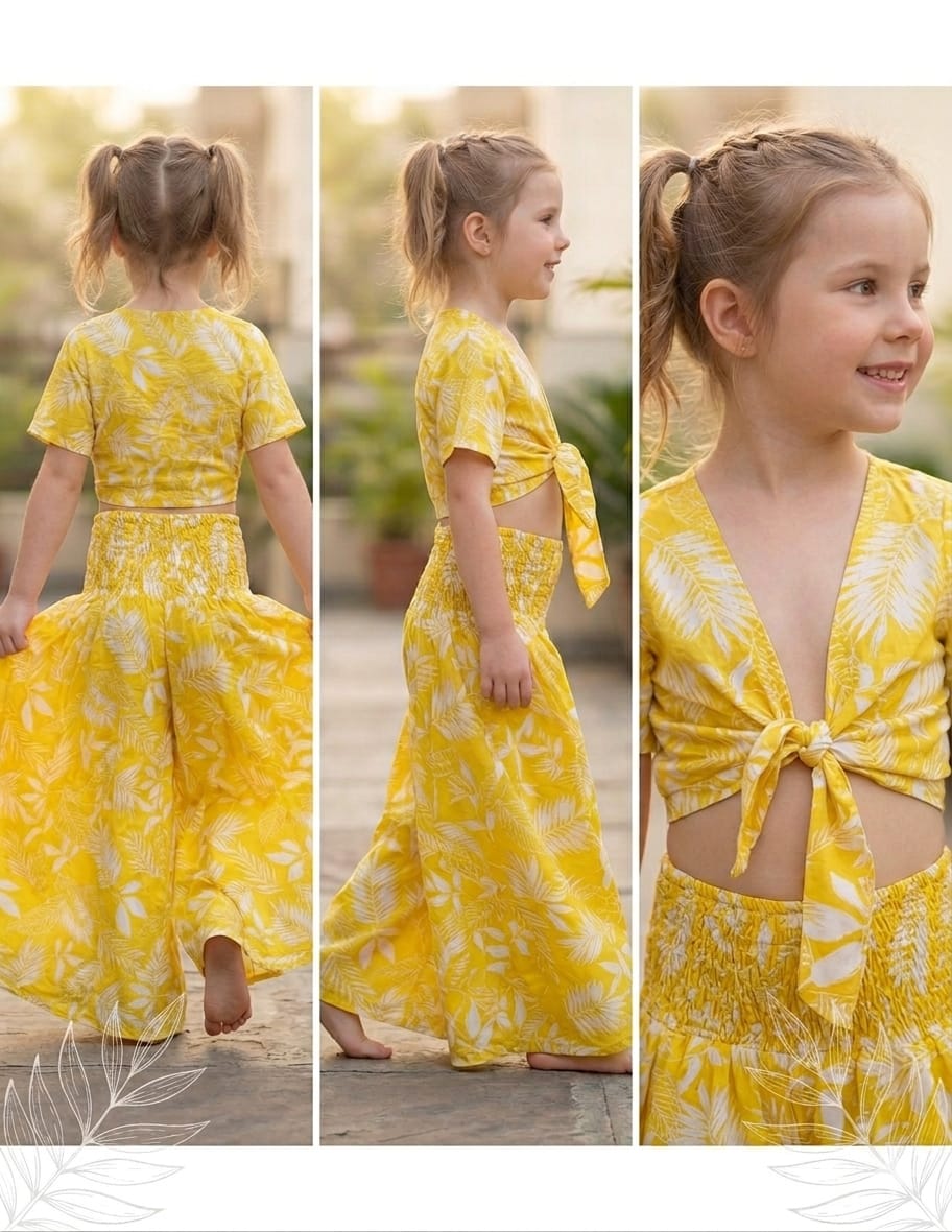 Baby Girls Yellow Leaf Printed Chanderi Tie-Front Crop Top & Flared Palazzo Pant Co-ord Set