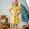 Baby Girls Yellow Floral Printed Chanderi Umbrella Style A-Line Dress with Flutter Sleeves