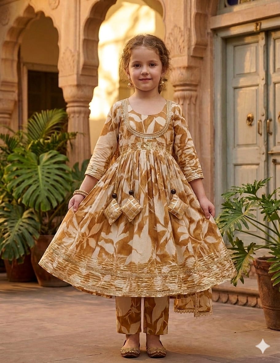 Baby Girl Yellow Leaf Print Cotton Anarkali Kurta Set