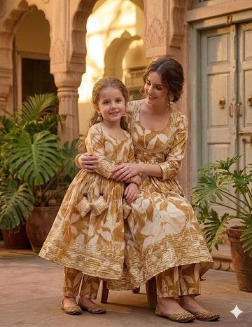 Mom & Daughter Yellow Leaf Print Cotton Anarkali Kurta Set