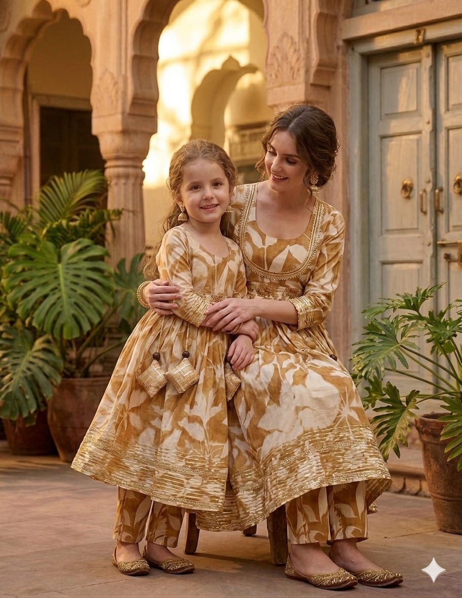 Mom & Daughter Yellow Leaf Print Cotton Anarkali Kurta Set